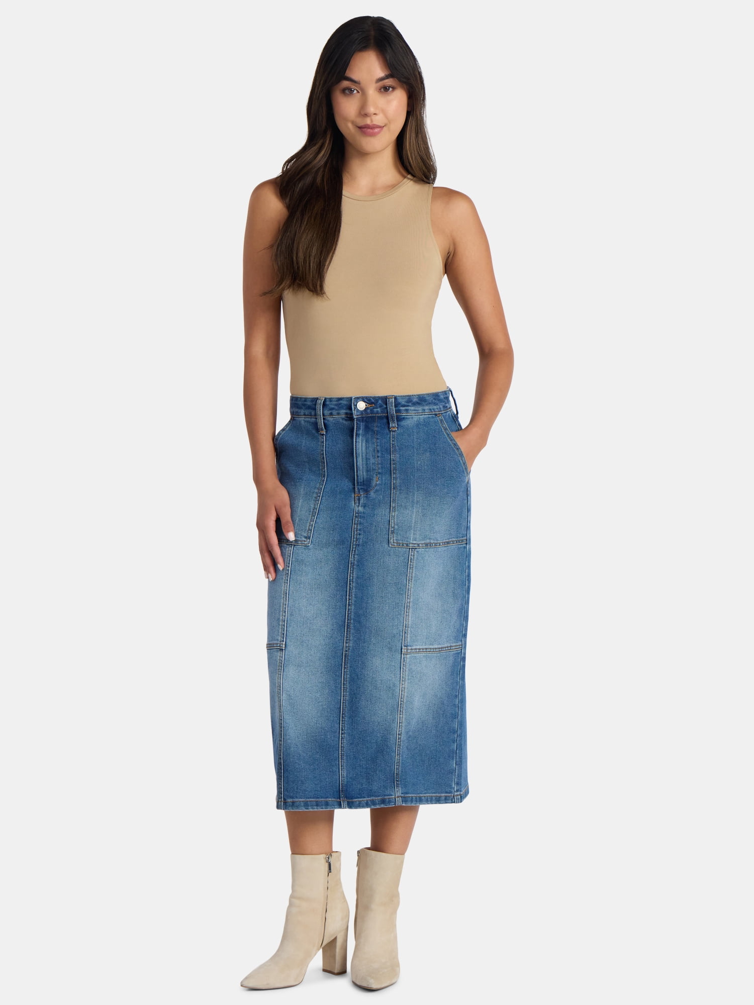 Time and Tru Women's Denim Midi Utility Skirt, Sizes 0-20