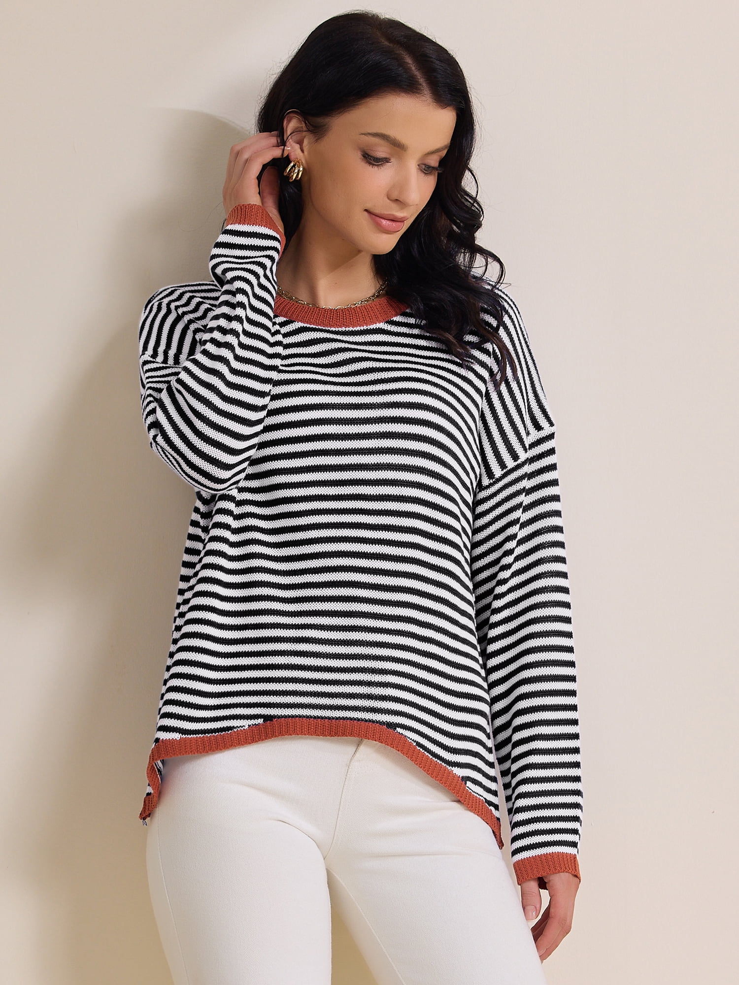 DARING DIVA Women's Striped Crew Neck Loose Knitted Sweatshirts 2XL Black