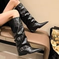 thumbnail image 4 of S-31 Black Ladies Stylish Solid Color Pointed Toe Slip On Chunky Heel High Heeled Mid Calf Boots Pu Leather For Daily Wear, 4 of 9