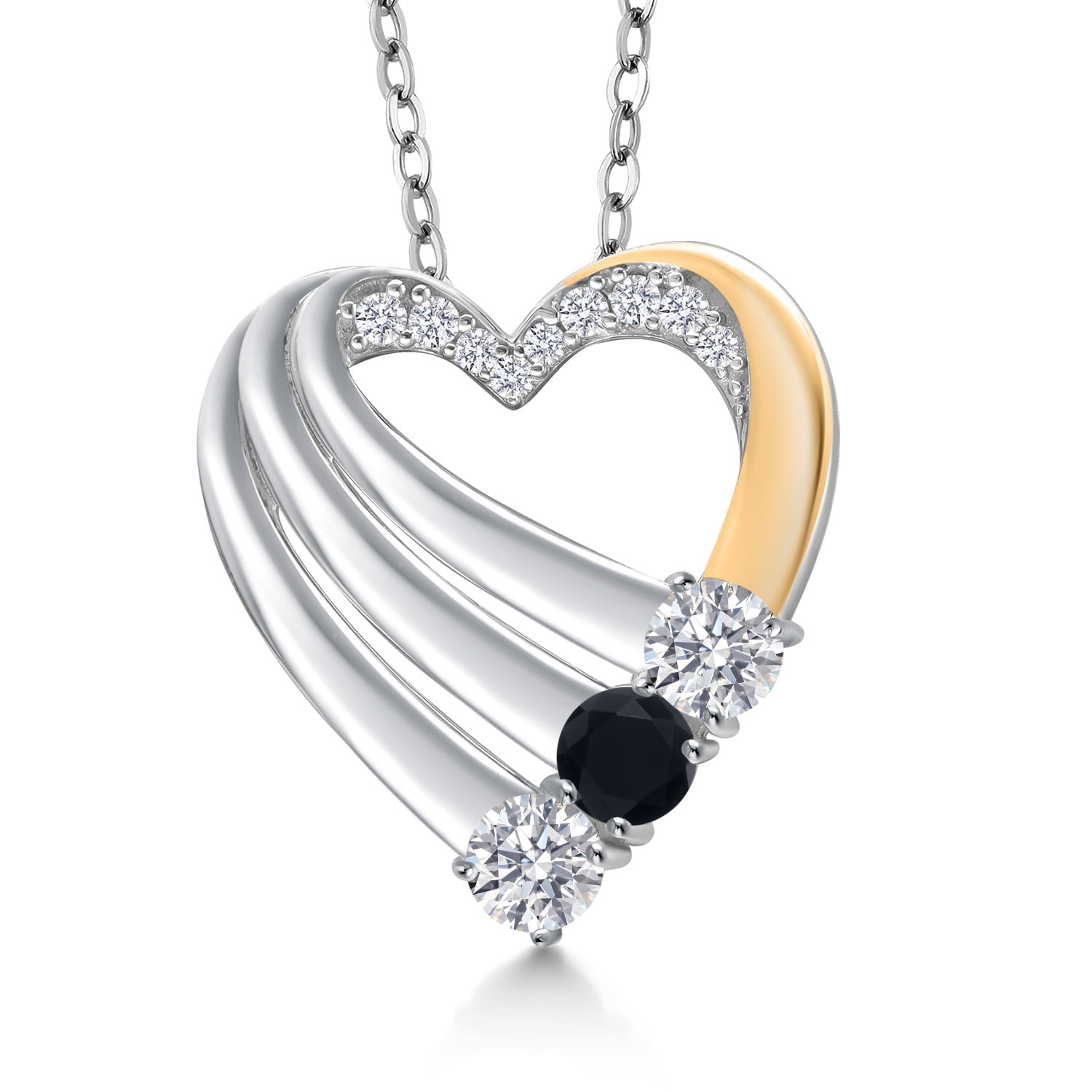 Gem Stone King 925 Silver and 10K Yellow Gold White Lab Grown Diamond and Black Onyx Heart Pendant for Women | 0.86 Cttw | Gemstone April Birthstone | With 18 inch Chain