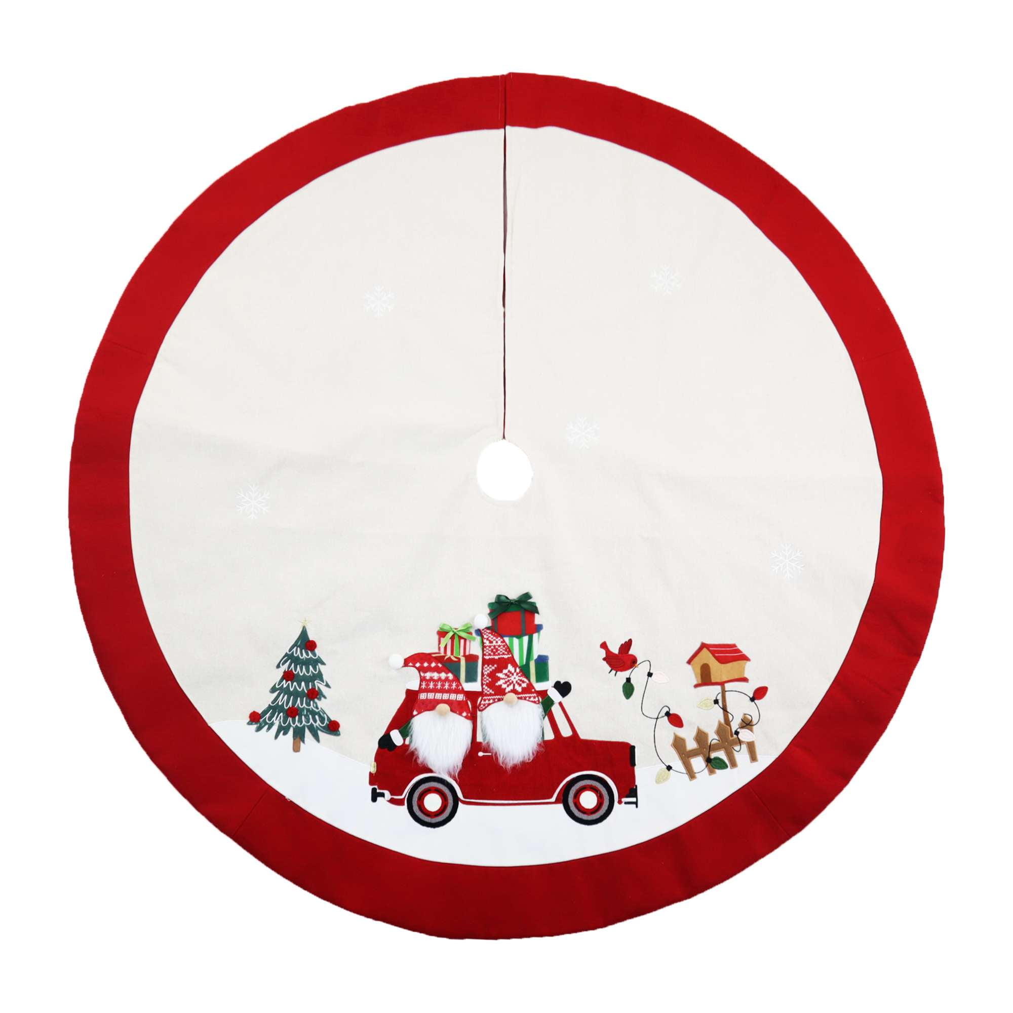 Holiday time Gnome Tree Skirt,48 inch,multi colour, Holiday Time Christmas Tree Skirt,48 inch,cream color fabric base,there are 2 Gnomes sitting on a red car with multi-colored gift boxes behind them,there is green Christmas tree on the left,a bird and its birdcase surrounding light chain on the right.trim is red fabric.