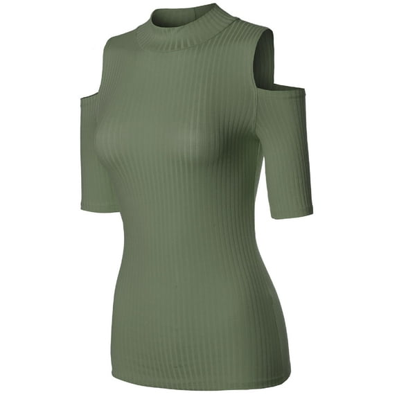 FashionOutfit Women's Lightweight Solid Stretch Ribbed Turtleneck Open Shoulder Top