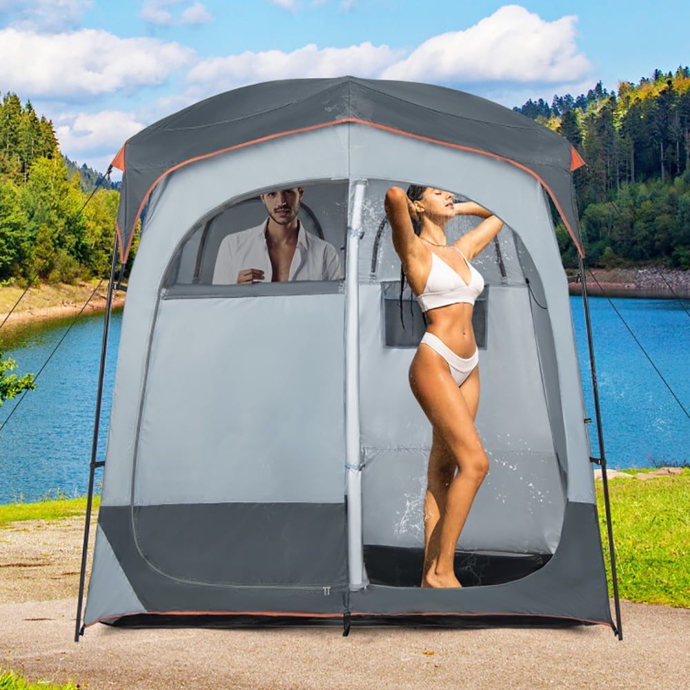 Topcobe 2 Rooms Oversize Privacy Shower Tent with Removable Rain Fly and Inside Pocket, Easy Set Up Shower Privacy Shelter, Gray