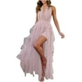 thumbnail image 6 of RYRJJ Tiered Tulle Prom Dress for Women Elegant Evening Maxi Dresses Halter V-Neck Formal Party Ball Gowns with Slit(Pink,M), 6 of 9