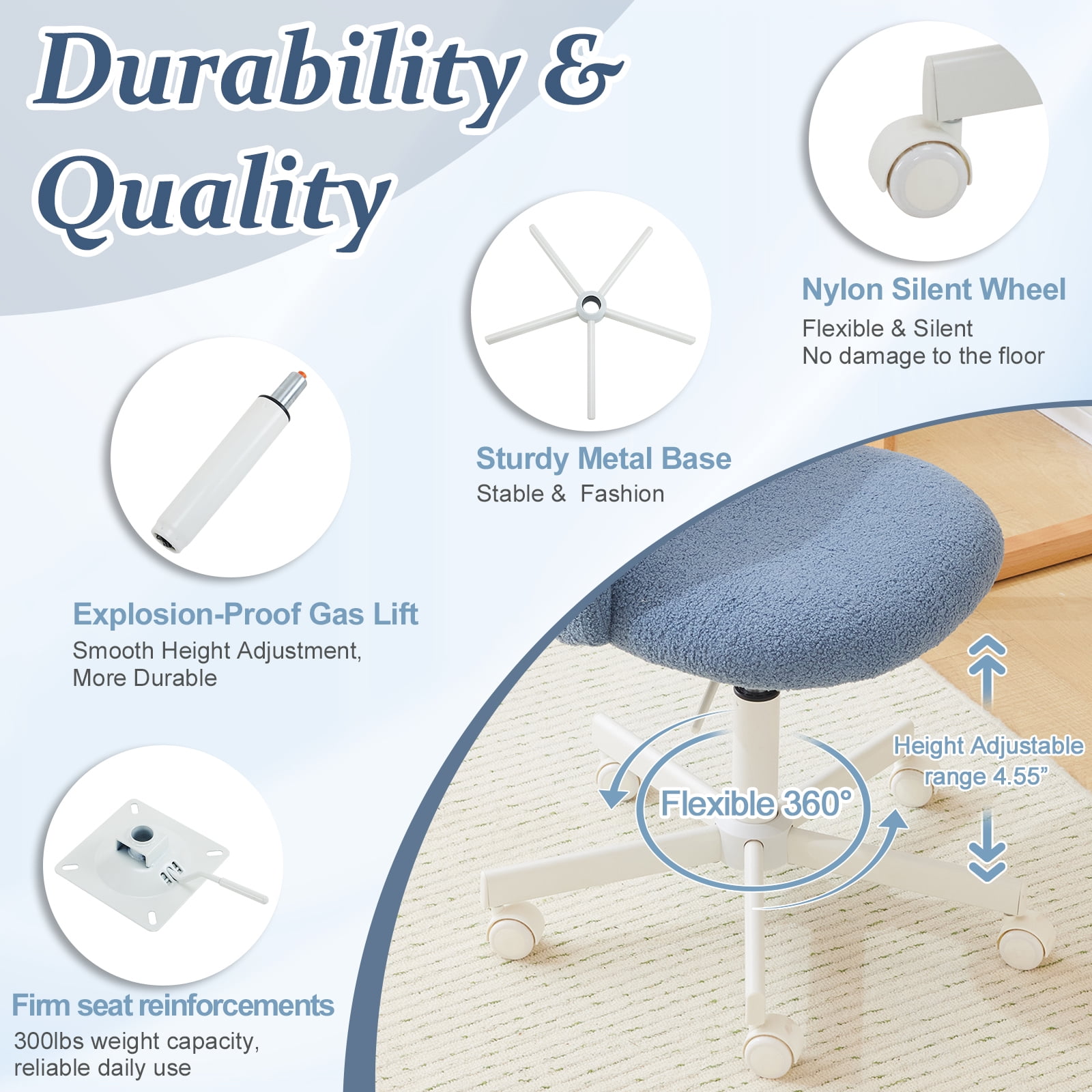 Ktaxon Armless Home Office Desk Chair Cute Mid Back Vanity Stool Teddy Velvet Swivel Task Chairs with Wheels Blue