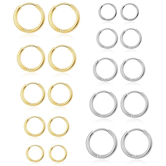 Juego de pendientes tipo argolla Senteria, plata y oro, acero quirúrgico, 10 pares