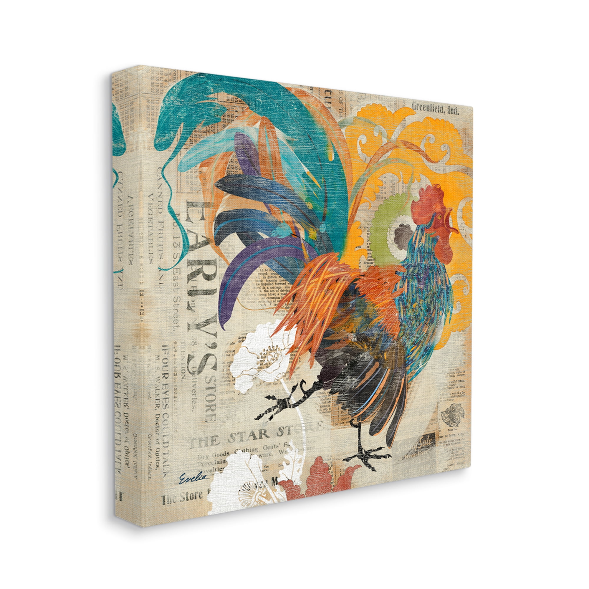 Stupell Country Rooster Vintage Collage Animals & Insects Painting Gallery Wrapped Canvas Print Wall Art