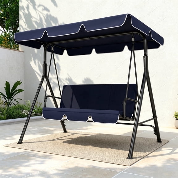 VIVOHOME 3 Seat Porch Swing Chair with Converting Canopy&Removable Cushion, Cushioned Steel Frame Porch Canopy Swing Chair, Swing Glider Hammock for Patio, Garden, Blue