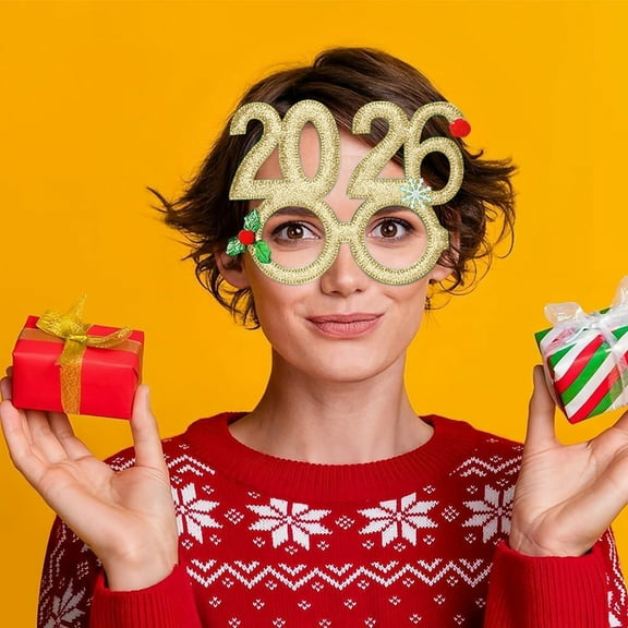 New Years Eve Party Supplies 2026,2026 Happy New Year Headband Tiara,New Year Glasses 2026,Glitter Novelty Eyewear Frame with Christmas Decorations(Gold)