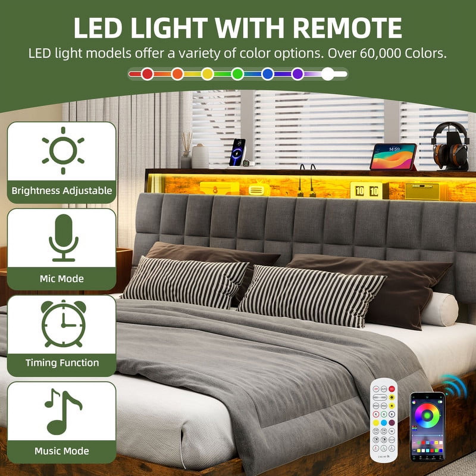 Uforic King Size Lift Up Bed Frame with Charging Station & RGB LED Lights, Upholstered Storage Bed, Noise Free, Rustic Brown