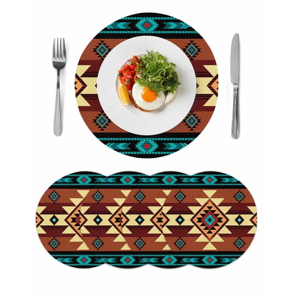 Turquoise Red Round 13 Inch Placemats Set of 4, Southwest American Native Abstract Pattern HeatResistant Non Slip Place Mats for Dining Table, Wipeable Braided Kitchen Table Mats for Housewarming