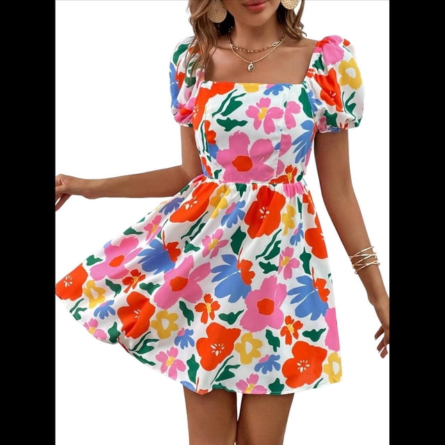 Vestido Bohemio Acampanado con Mangas Abullonadas y Volantes Fruncidos para Mujer L