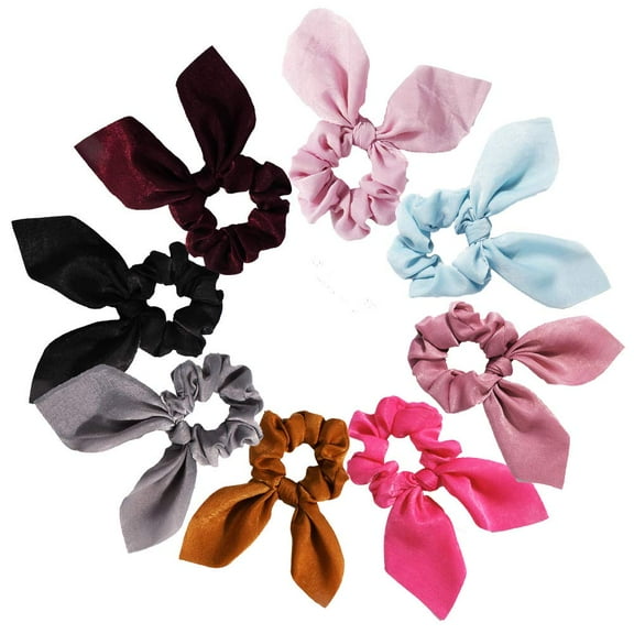 Solid Colors Hair Scrunchies Cute Bunny Ears Hair Ties Ponytail Holders with Bow Women Girls (8 Colors-B)