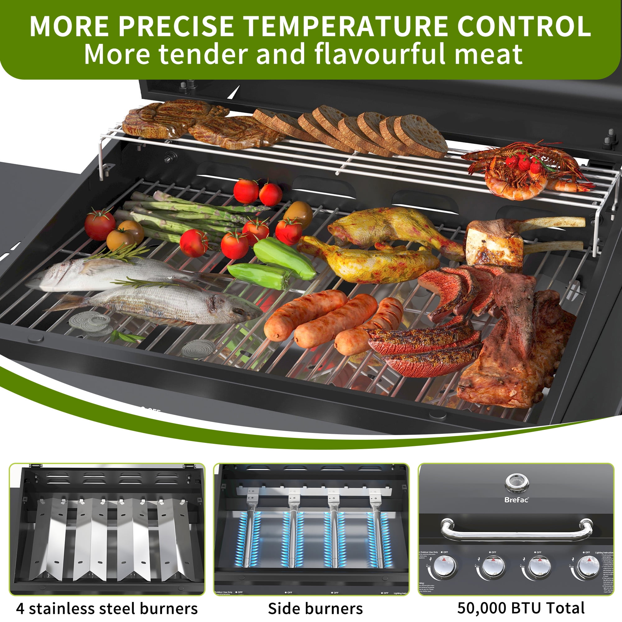 Brefac Burner Propane Gas Grill with Tier Shelf, 50000 BTU