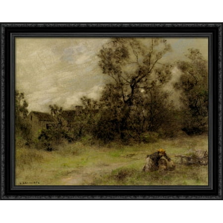 La Coupeuse dHerbes 34x28 Large Black Ornate Wood Framed Canvas Art by Leon Augustin L'Hermitte