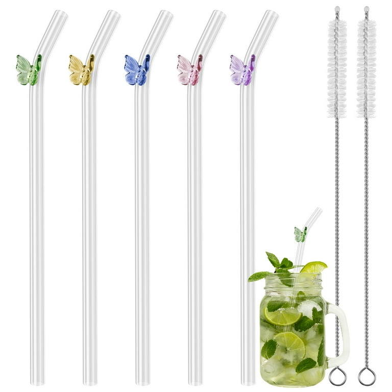 Relax love Glass Straw 5Pcs Reusable Drinking Straws with Cleaning Brush  Cute Butterfly Cherry Mushroom Straws Heat-Resistant Smoothie Straws for  Smoothies Tea Juice Milkshakes,Butterfly 