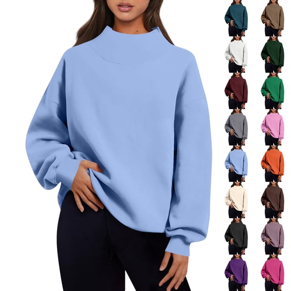 Mock Neck Sweatshirt Women Cute Oversized Sweatshirts Cozy Soft Pullover Sweaters Loose Fit No Hood Fashion Winter Clothes Blue M