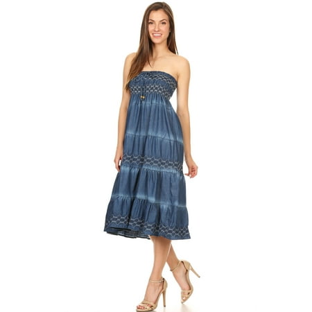 Fit and Flare Tiered Layers Denim Skirt or Midi Dress Smocked Strapless Top