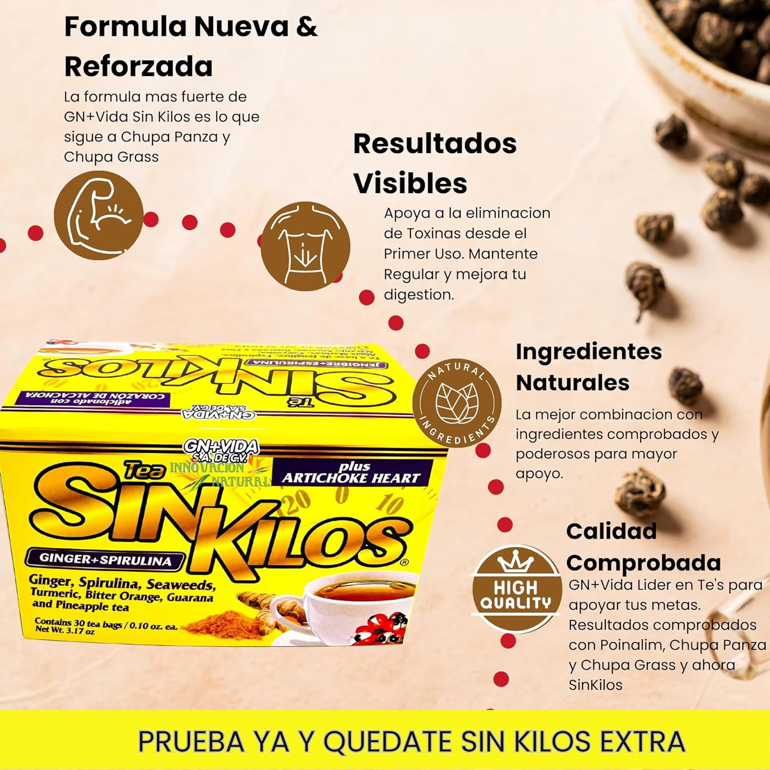 SinKilos Detox Tea GN+Vida Powerful Cleansing Tea with Ginger, Spirulina, Turmeric Orange and Pineapple Healthy Antioxidant Formula, Caffeine Free All Natural Digestive Te Panza y Grasa Herbal