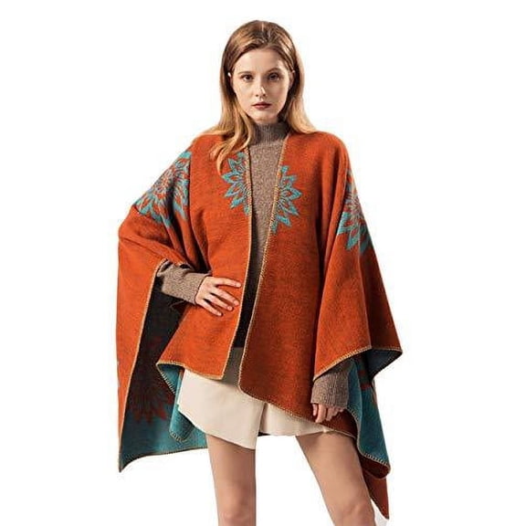 StylesILove Women Vintage Floral Orange Open Front Poncho Cape Cardigan Cozy Wrap Jacket for Fall and Winter