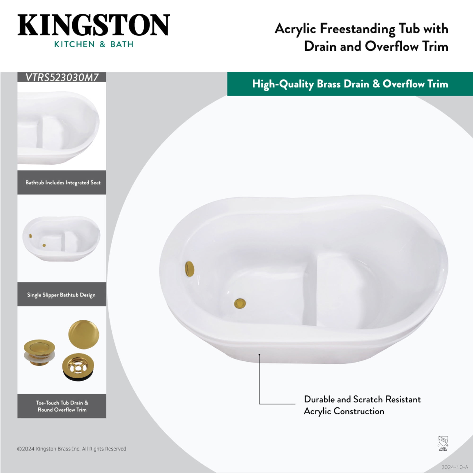 Kingston Brass VTRS523030M2 52" Acrylic Oval Single Slipper Freestanding Tub with Overflow/Drain Assembly and Integral Seat, Glossy White/Polished Brass