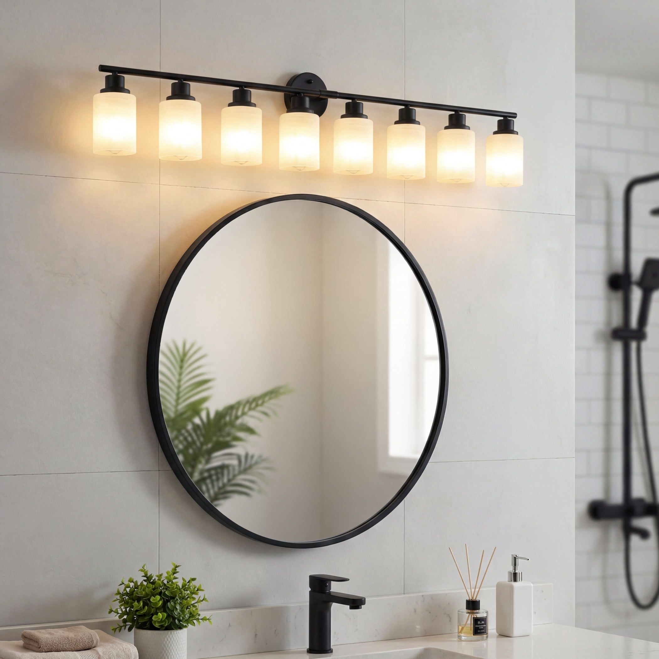 52" Modern 8-Light Vanity Bathroom Light Fixture, Black Iron Frame with Frosted White Glass Shades, Wall Sconce for Mirror, Bedroom, Bathroom, or Dressing Room (Bulbs Not Included)