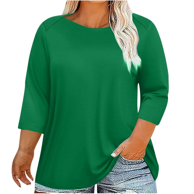 Kaemgyyd 3/4 Length Sleeve Womens Tops 2025 Fashion Crewnec T-Shirts Plus Size Basic Solid Color Tee Gym Workout Clothes