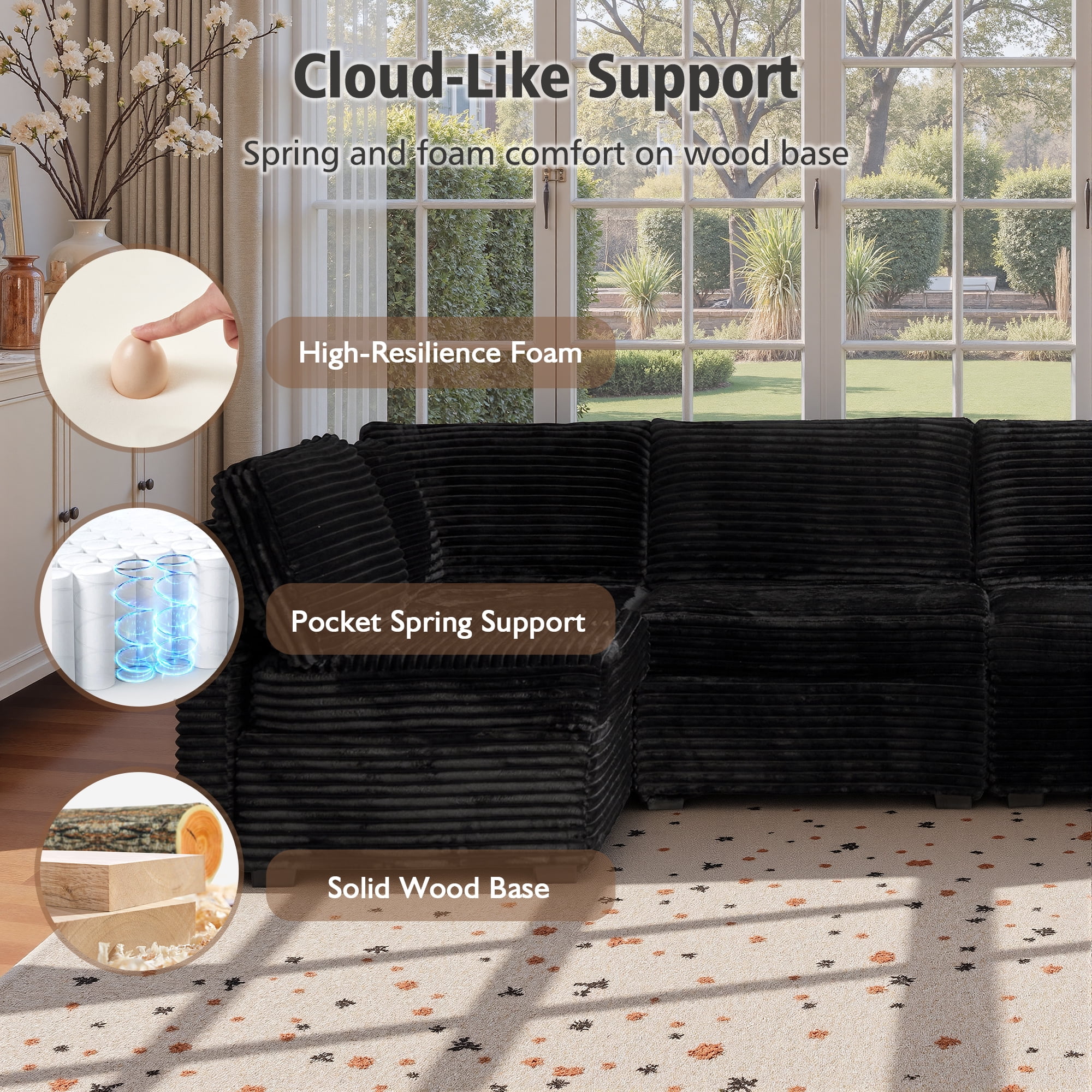 Ovios 95" Modular Sectional Sofa Deep Seat Cloud Couch with Chaise L-Shaped Corduroy Couch for Living Room, 5 Seat, Black
