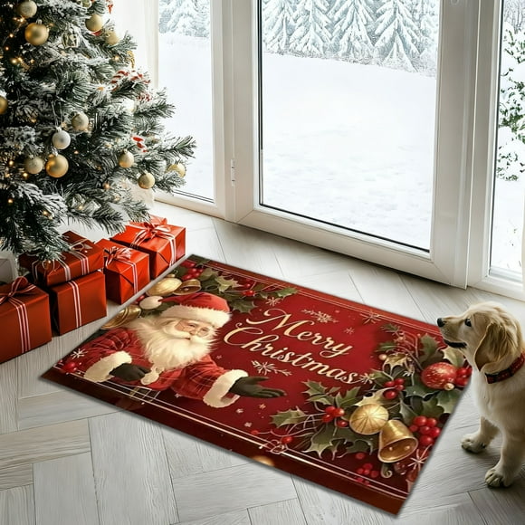 Christmas Floor Mat Absorbent Polyester Door Mat | Non-Slip Kitchen Bathroom Rug | Red Black Holiday Decor Cushioning Soft Durable Welcome Mat for Entryway Living Room Bedroom