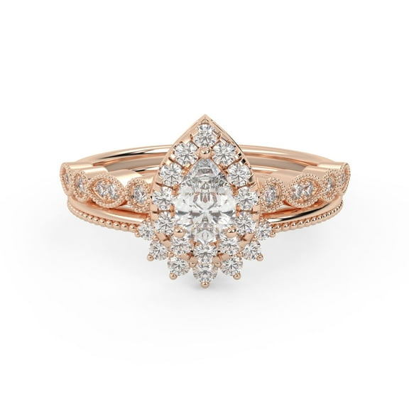 Teardrop Beaded Halo Bridal Set Rings for Women, IGI Certified 0.75 Cttw Pear And Round Lab Grown Diamond Engagement Wedding Ring In 18K Solid Rose Gold F-G, VS-SI Quality Ring Size-10