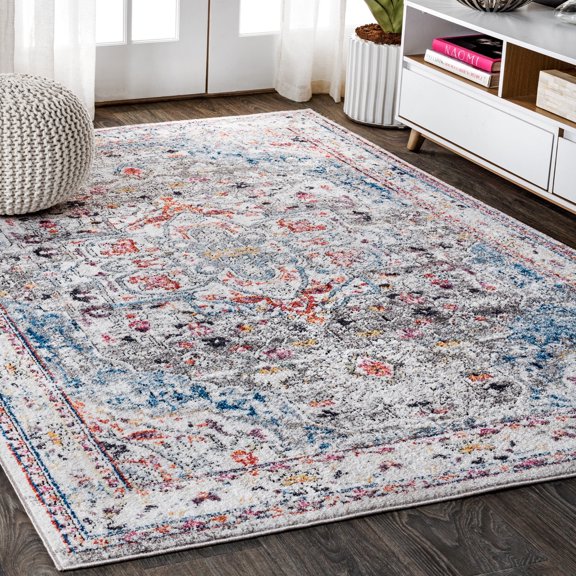 JONATHAN Y 8 x 10 Area Rug, Maras Vintage Medallion - Gray/Red/Turquoise, RES102A-8