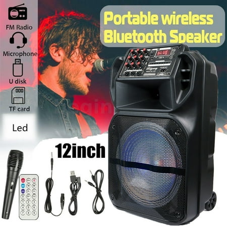 Portable 12” Bluetooth Speaker Subwoofer Heavy Bass Party DJ System Mic AUX FM