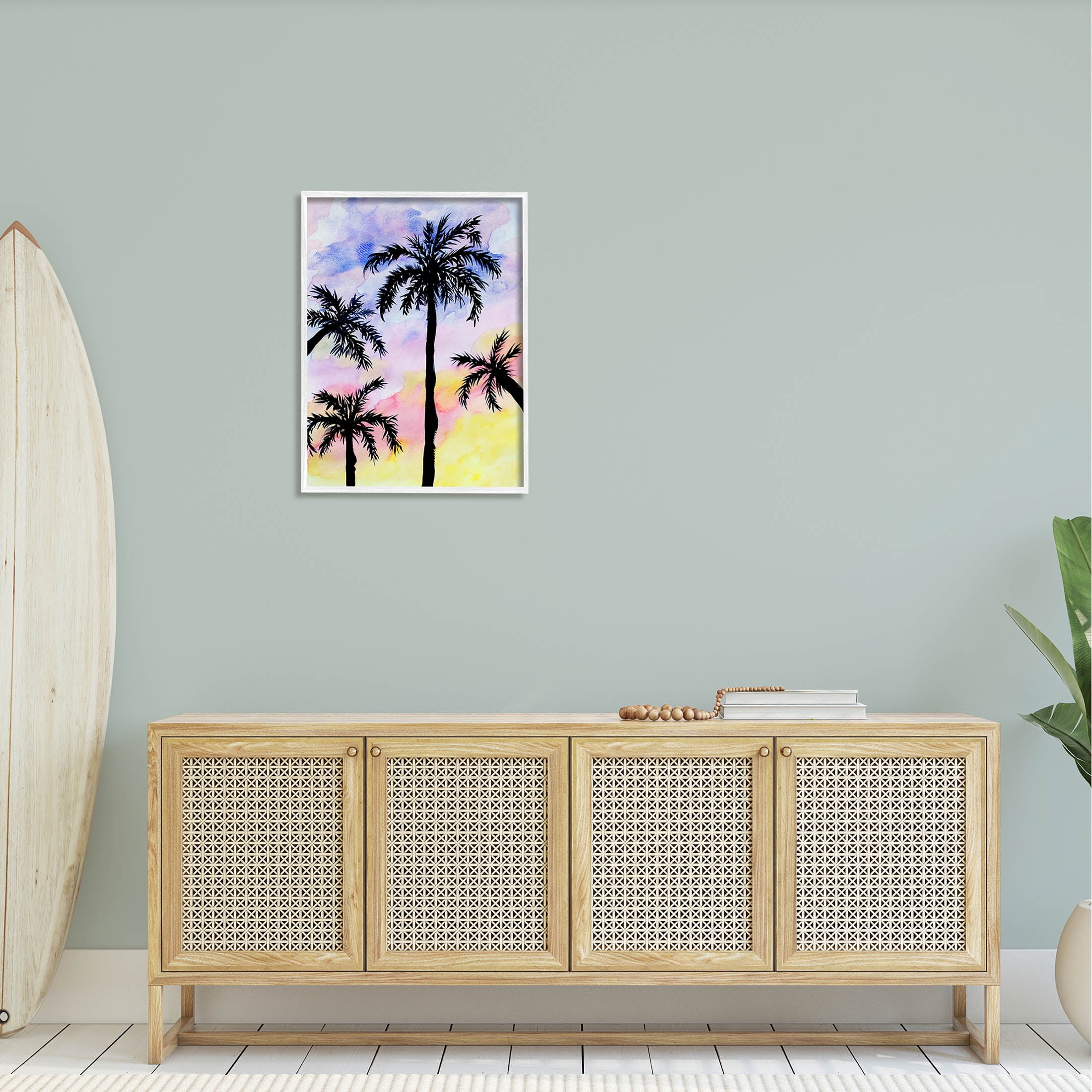 Palm Tree Silhouettes Sunset Sky Botanical & Floral Graphic Art White Framed Art Print Wall Art