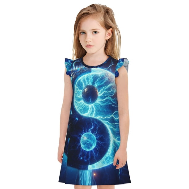 Fotbe Blue Yin And Yang Vestido de Dormir para Niñas de 3 a 10 Años, Mangas Cortas, Estilo Princesa, Pijama Camisón con Mangas Voladas-Small
