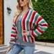thumbnail image 2 of Suéter con frente abierto para mujer, cuello en V, bloques de color, rayas, ajuste holgado, prendas de vestir exteriores de punto con botones, gris XL, 2 of 6