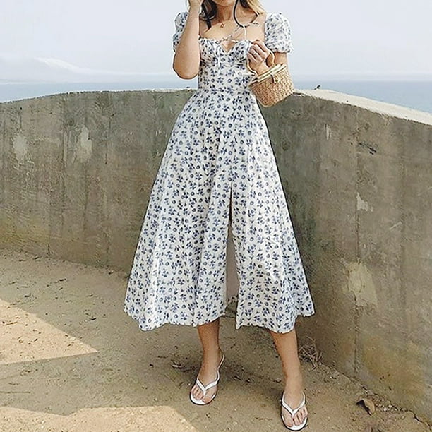 WILLBEST Vestido Midi Floral para Mujer, Vestido Fruncido con Abertura En El Busto, Estilo Bohemio, Cuello Cuadrado, Manga Corta, para Verano Extra Grande