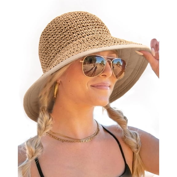 FURTALK Summer Straw Beach Sun Hats for Women UPF 50 Floppy Wide Brim Travel Bucket Hat Foldable Packable