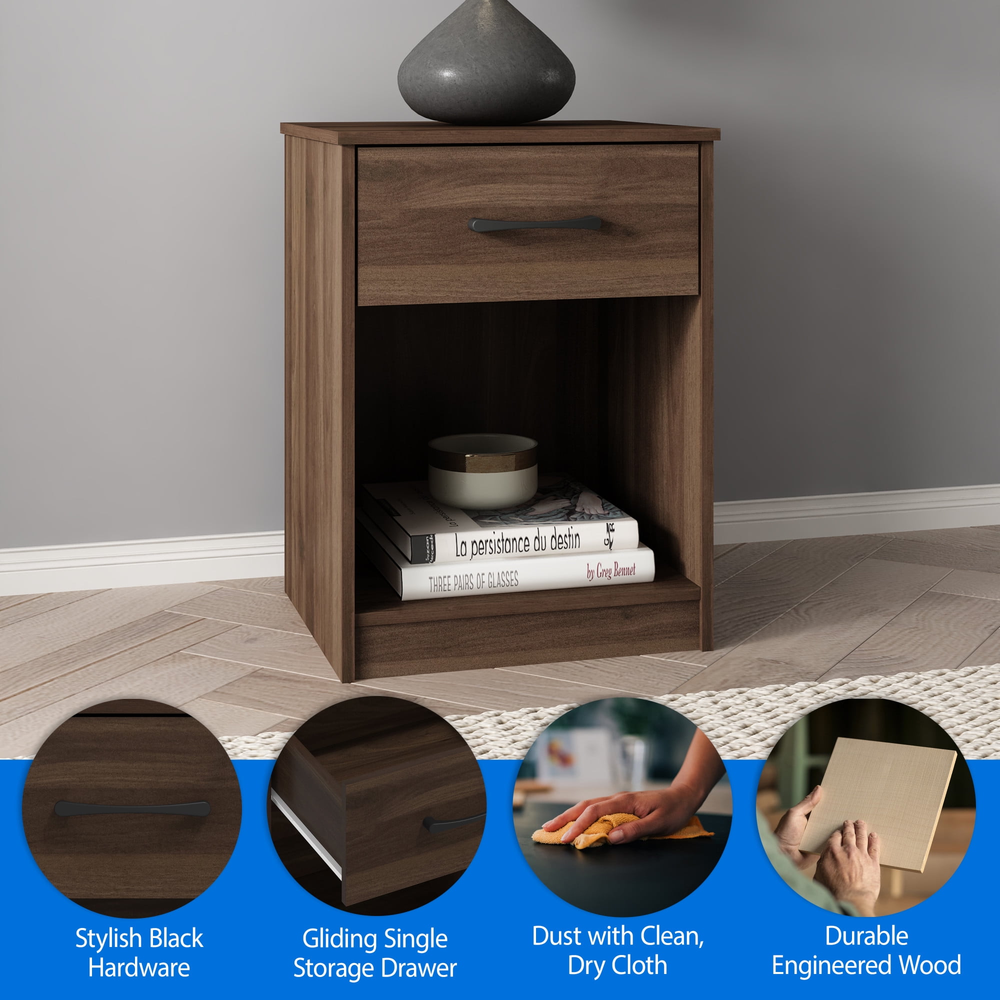 (2 pack) Mainstays Ardent Nightstand with 1 Drawer, Dark Walnut