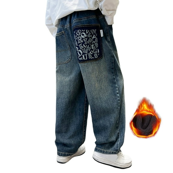 HXWCHs Boys Uniform Approved Pants Winter Warm Lined Baggy Jeans for Boys Elastic Waist Wide Leg Denim Cargo Trousers with Multiple Pockets 13-14 Years Blue