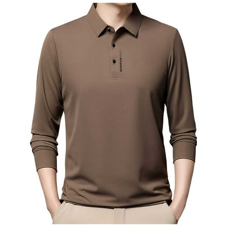 KKBOTIVE Long Sleeve Polo Shirts for Men Collared Performance Shirts Casual Workwear Pullover Fashion Fall Spring Clothes Mens Apparel ( Khaki Size: L )