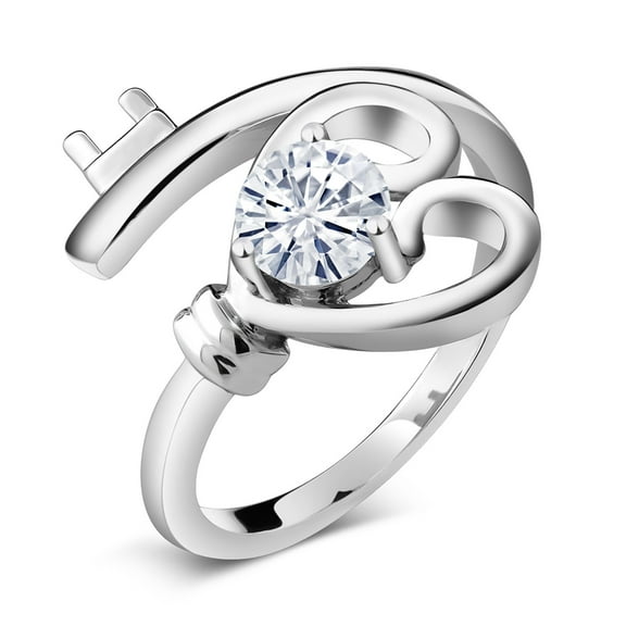 Gem Stone King 925 Sterling Silver White Moissanite Key Ring for Women | 0.50 Cttw | Round 5MM | Wedding Engagement Anniversary Promise Ring for Women | Size 9