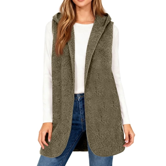 ClodeEU Women's Mid Long Fleece Vest With Hooded, Fall Winter Warm Plush Sleeveless Cardigan Army Green,Womens Plus XXL