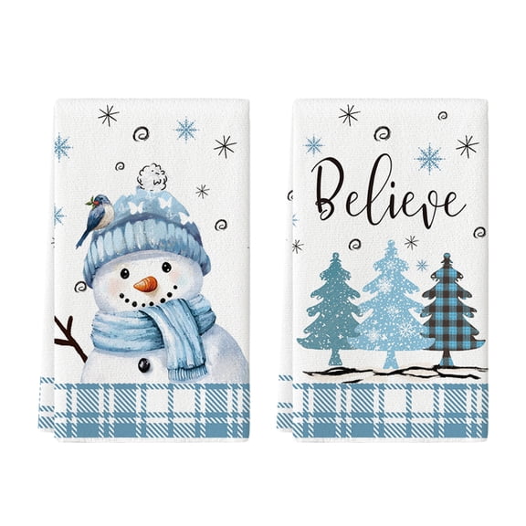 Sm:)e Snowman Believe Winter Christmas Kitchen Dish Towel 18x26 Inch Set of 2