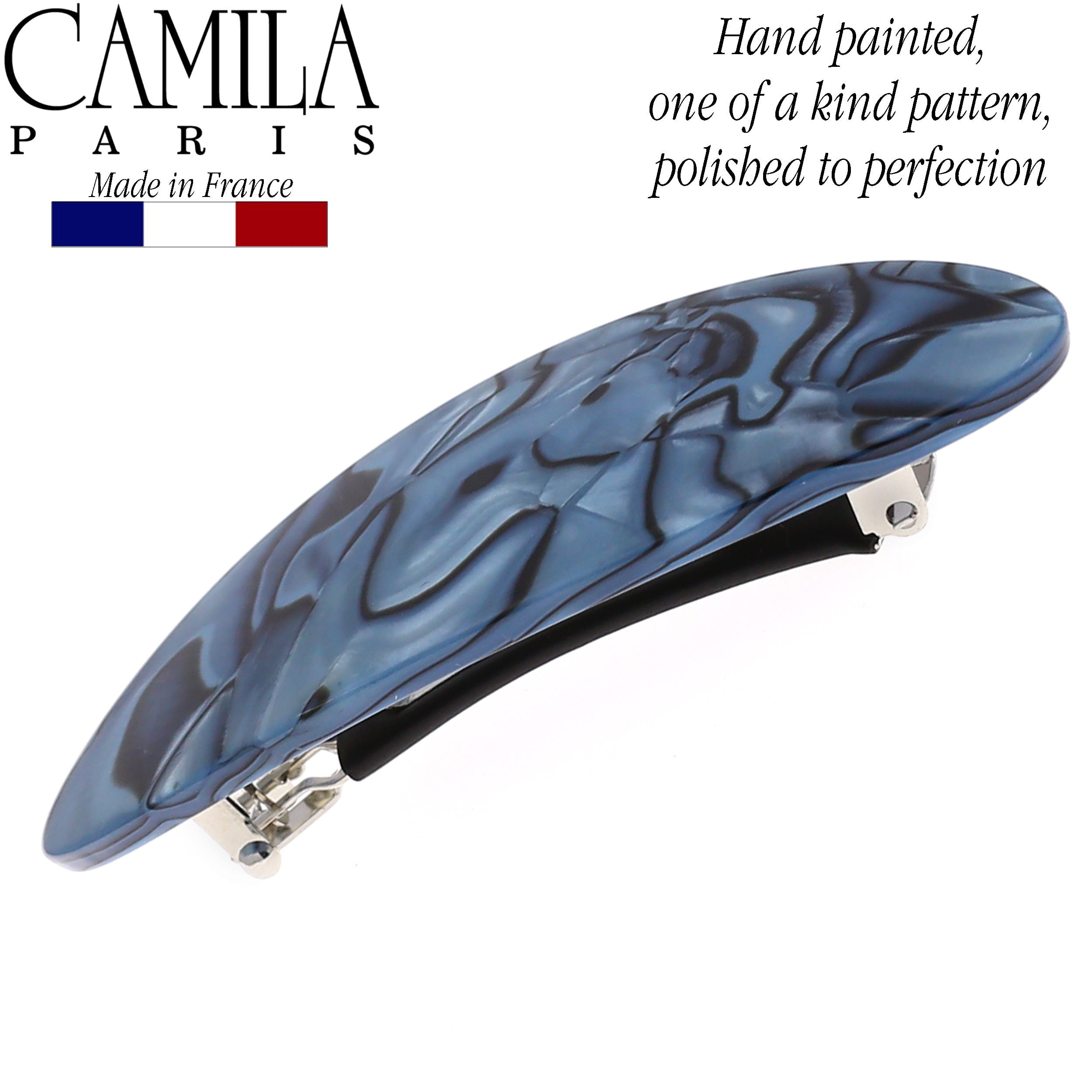 Camila Paris CP2984 French Hair Barrette Clip Handmade Oval Blue, Strong Hold Grip Hair Clips for Women, No Slip Rubberized Metal Closure, Durable Styling Girls Hair Accessories, Made in France