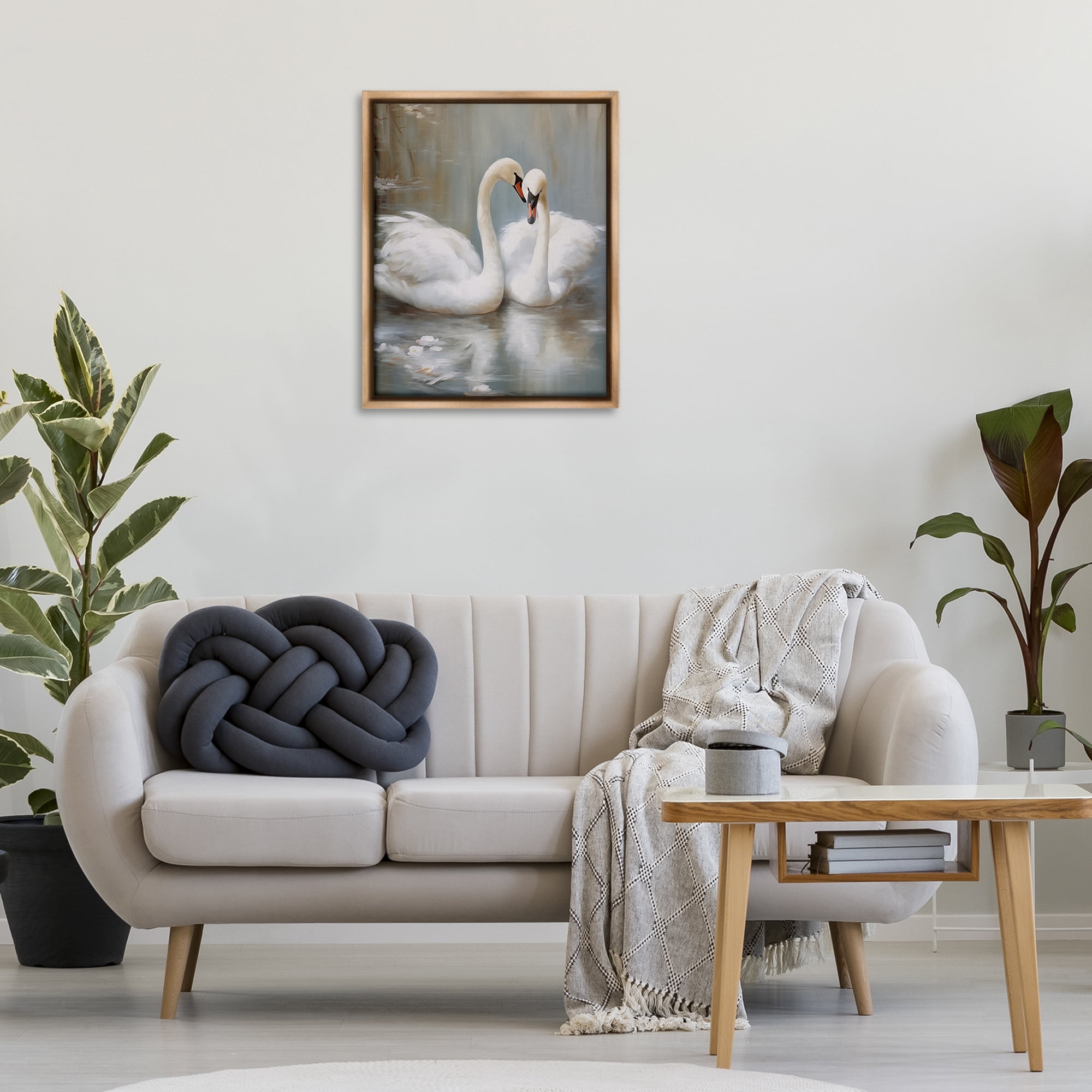 Stupell Industries Kissing Swans on Pond Animals Painting Brown Floater Framed Canvas Art Print Wall Art, 25 x 31
