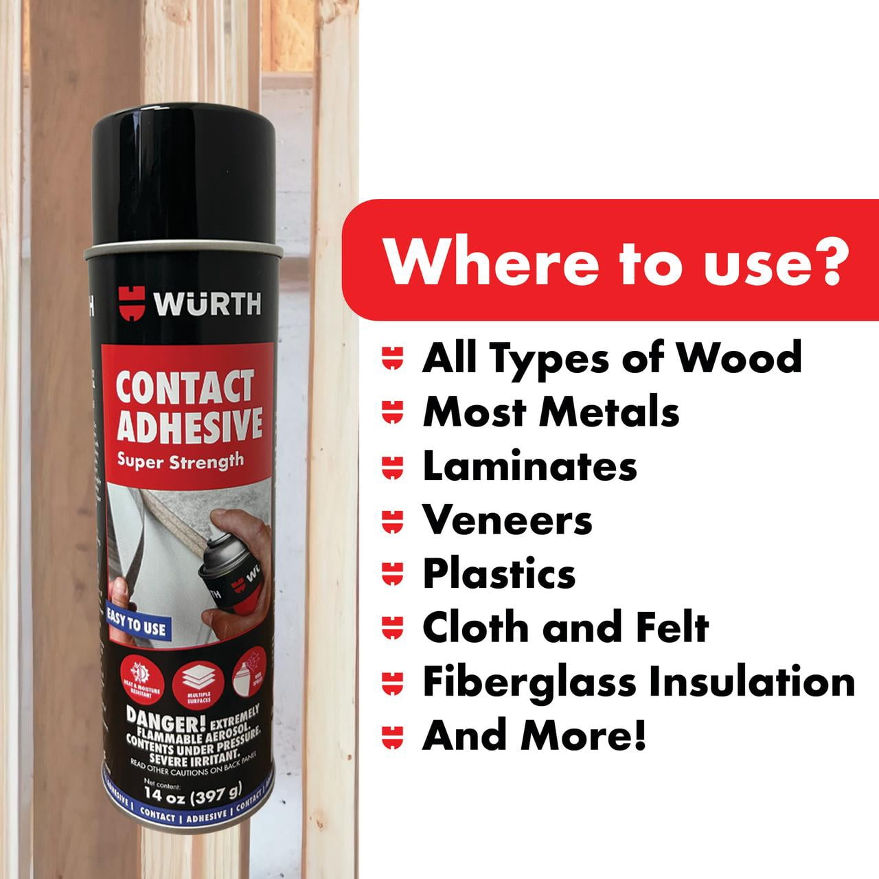 Würth  Super Strength Spray Adhesive, Multi-Surface, 14oz, Clear, Fast-Tack, Contact Glue