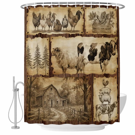 Vintage Animals Shower Curtain, Waterproof Shower Curtains for Bathroom, Cow Rooster Trees Retro Art Washable Fabric Bathtub Curtain Set Bath Decor with 12 Hooks Extra Long 72"x96"