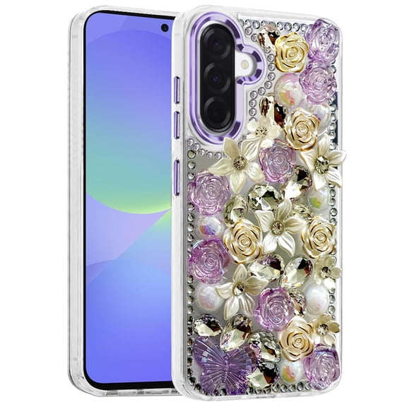 For Samsung Galaxy A37 Phone Case, 3D Diamond Floral Roses Flower Bling Stone Hybrid, Sparkly Rhinestone Gemstone Back Shockproof Cover for Samsung A37 - Purple