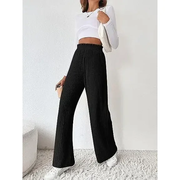 Women's Casual Cotton Knitted Pants Elastic High Waist Wide Leg Trousers Female Solid Stripe Streetwear Women Long Pants