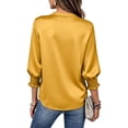 thumbnail image 4 of ClodeEU Women's Satin V Neck Ruff Cuff 3/4 Sleeve Button Down Blouse, Casual Silky Work Shirt Top Yellow,Women's Plus M, 4 of 9